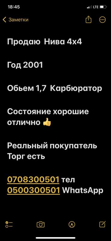 продаю на ипсум: ВАЗ (ЛАДА) 4x4 Нива: 2001 г., 1.7 л, Механика, Бензин, Внедорожник