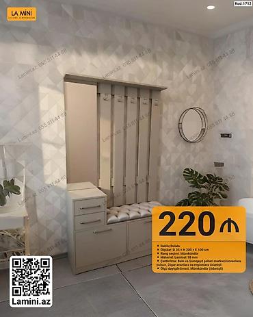 Dolablar: Dəhliz dolabı – laminit 18 mm materialdan. Ölçülər: D 35 × H 200 × E — 1