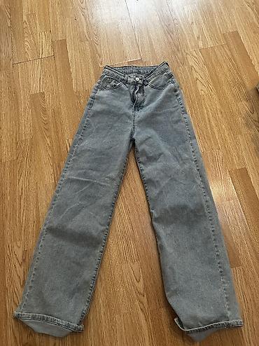 Boz rəngli geniş kəsimli cins şalvar - Model: Wide/straight leg