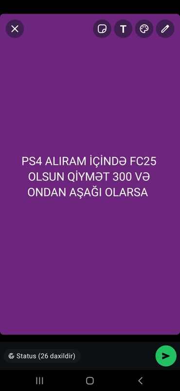 kalonka qiyməti: PS4 konsolu axtarıram. Konsolun daxilində FC25 oyunu olmalıdır