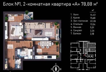 Продажа квартир: 2 комнаты, 80 м², Элитка, 15 этаж, ПСО (под самоотделку)