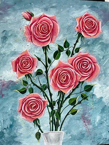ucuz tablo: Əl işi rəsm — Akril boyalarla çəkilmiş qızılgüllər Texnika: Akril boya — 3