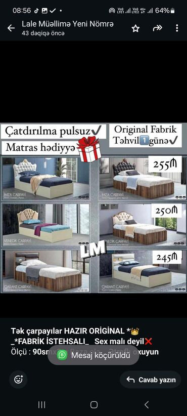 carpayi demiri: *Tək çarpayılar HAZIR ORİGİNAL *👑 _*FABRİK İSTEHSALI*_ *Sex malı