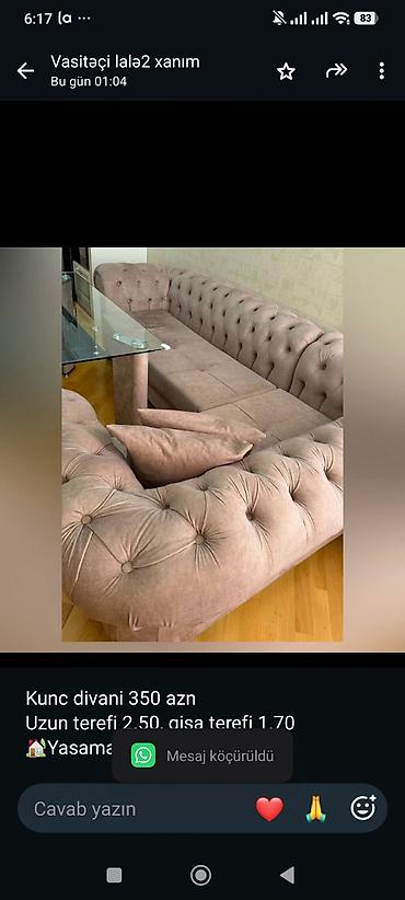 Kunc divani 350 azn Uzun terefi 2.50, qisa terefi 1.70 🏡Yasamal