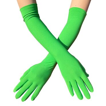 фото распечатка: Длинные эластичные женские перчатки - Хромакей зеленого цвета. Длина