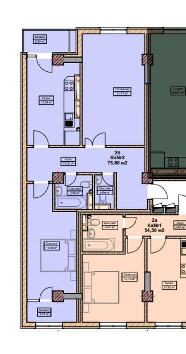 квартиры город токмок: 2 комнаты, 75 м², Элитка, 4 этаж, ПСО (под самоотделку)