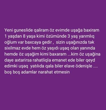 Организация мероприятий: Yeni Günəşlidə, öz evimdə uşaq baxıcısı xidməti təklif olunur. 1
