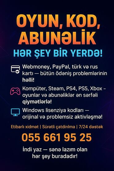 Başqa xidmətlər: Oyun, kod, abunəlik – hamısı bir yerdə! - Ödəniş həlləri: Webmoney