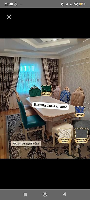 stul bar: - Yemək otağı üçün 6 ədəd stul dəsti - Qiymət: 499 AZN (6 stul bir — 1