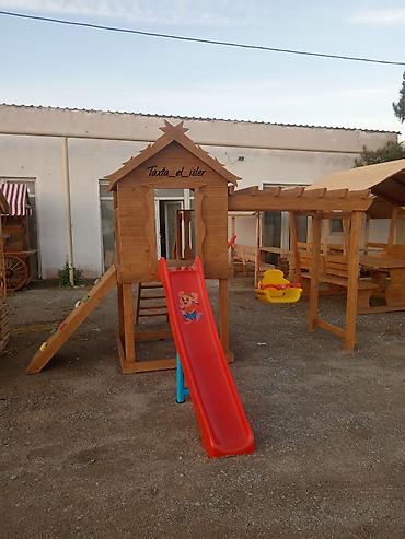 uşaq kırafatı: Uşaqlar üçün taxta oyun kompleksi - Tərkib: taxta oyun evi (üstü — 2