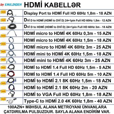 Monitorlar: HDMI Kabellər 🚚Metrolara və ünvana çatdırılma var, ❗ÖDƏNİŞLİDİR❗