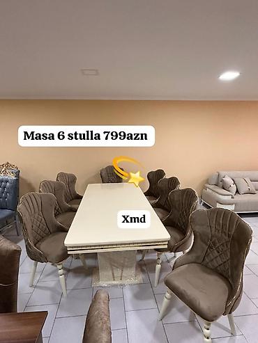 parta stullari: Yemək otağı üçün dəst: masa + 6 stul - Masa: dikdörtqan formalı, krem — 1