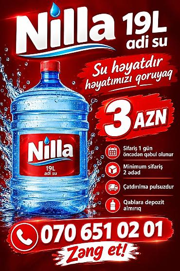 quzu qabi: Nilla 19L adi su - Həcm: 19 litr - Qiymət: 3 AZN (göy butulka şəkilli — 1
