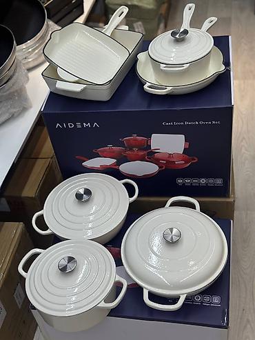 cast: Набор чугунной посуды AIDEMA — Cast Iron Dutch Oven Set, зелёный. 7в1 — 6