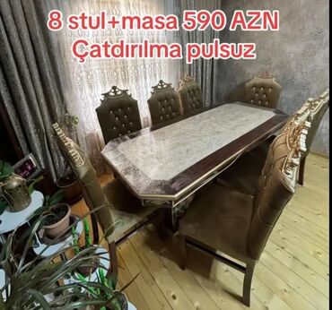 Masalar: Qonaq otağı üçün, Yeni, Açılmayan, Dördbucaq masa, 8 stul