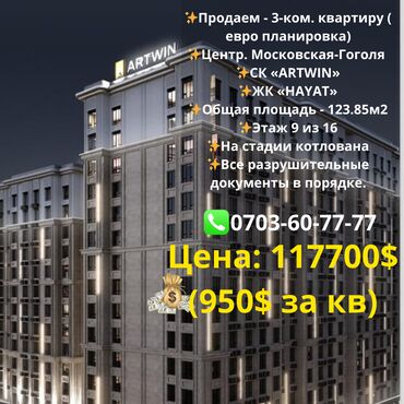 Продажа участков: 3 комнаты, 123 м², 9 этаж, ПСО (под самоотделку)