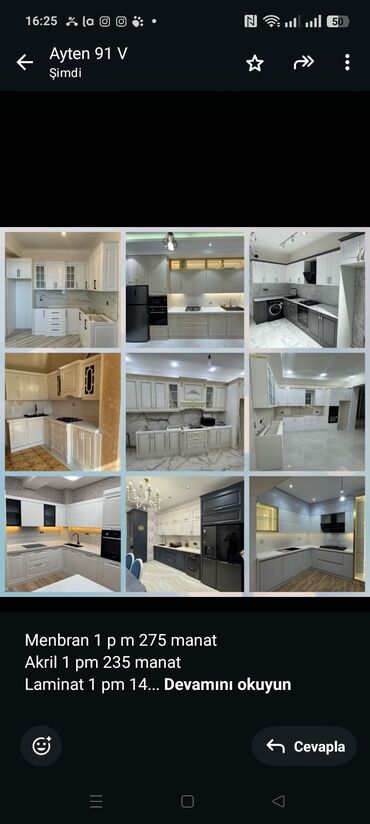 угловая кухня маленькая: Menbran 1 p m 275 manat Akril 1 pm 235 manat Laminat 1 pm 145