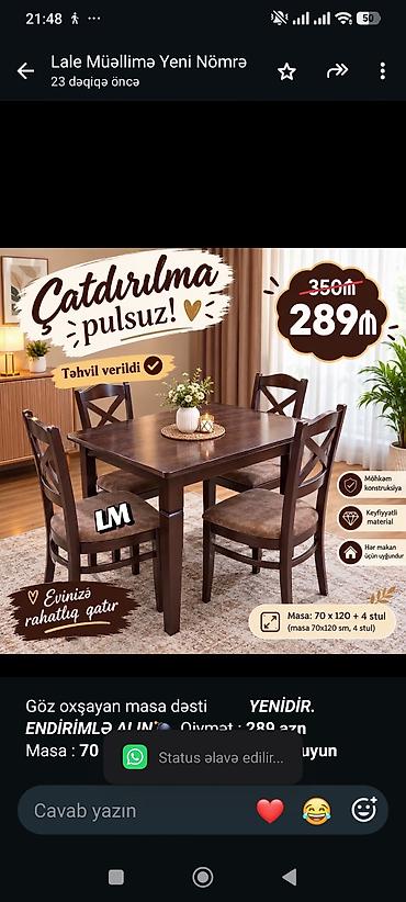 Dördbucaq masa, Mətbəx üçün, 4 nəfər, Açılmayan, Azərbaycan, Zəmanətsiz