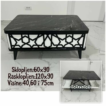 Stolovi: Dostupne su 4 boje, Dimenzije stola su 60x90, a kada se rasklopi — 9