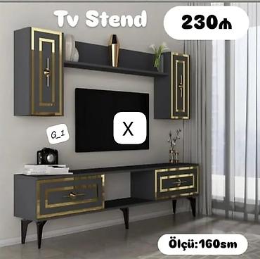 TV stend dəsti - Rəng: tünd boz gövdə, qızılı dekorativ çərçivə və