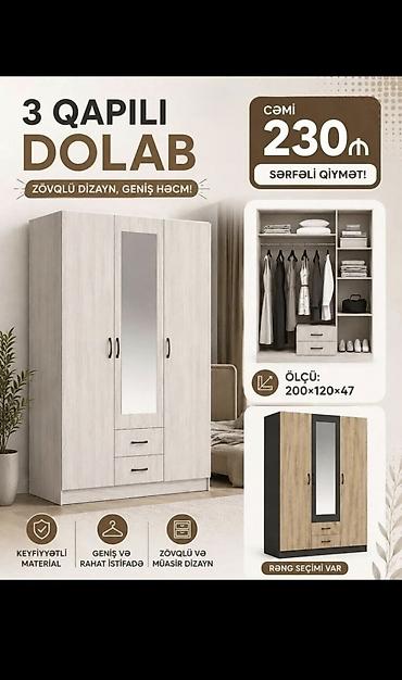 3 qapılı geyim dolabı - Ölçü: 200 × 120 × 47 sm - Geniş həcm: asılqan