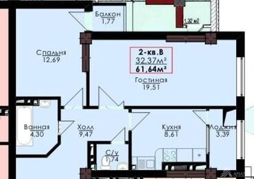 купить квартиру в новом доме бишкек: 2 комнаты, 62 м², Элитка, 5 этаж, ПСО (под самоотделку)
