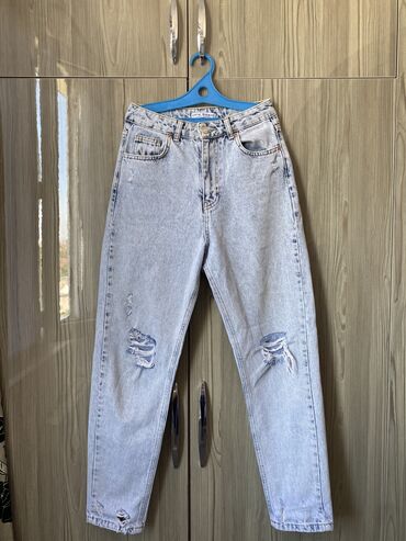джинсы клетчатые: Мом, Турция, Высокая талия, С разрезом