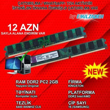 Prosessorlar: Operativ yaddaş (RAM) Kingston, 2 GB, < 1333 Mhz, DDR2, PC üçün, Yeni