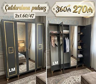Qarderob şkafı – 3 qapılı, güzgülü, elegant dizayn - Rəng: tünd boz
