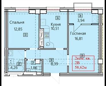 seven development: 2 комнаты, 59 м², Асанбай мкр Элитка, 7 этаж, ПСО (под самоотделку) — 1