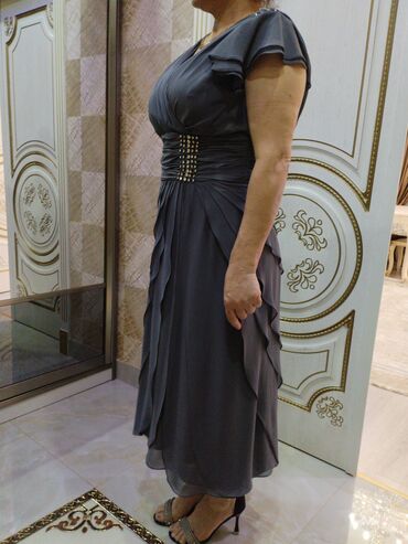 Ziyafət donları: Zərif tünd-boz rəngli ziyafət/gecə paltarı - Uzunluq: midiyə yaxın — 4