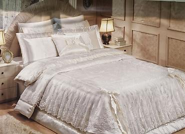 bamboo tekstil: Zərif bəzəkli atlas yorğan/örtük dəsti - Rəng: incə krem-ağ (ivory) - — 5