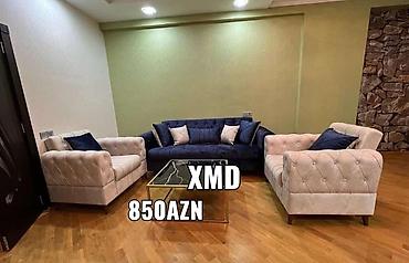divan koşesi: XMD yumşaq mebel dəsti - Tərkib: 3 yerlik dərin göy rəngli divan + 2 — 1