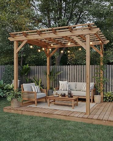 Digər bağ, çöl mebeli: Bağ üçün taxta pergola – dekorativ işıqlandırmalı, teraslı Məhsul — 3