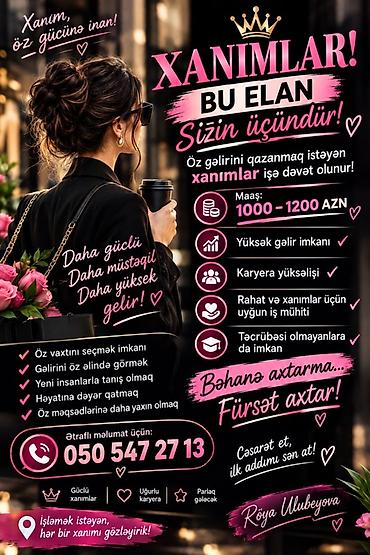 Xanımlar üçün iş imkanı Öz gəlirini qazanmaq istəyən xanımlar üçün lalafo.az -da Xanımlar üçün iş imkanı Öz gəlirini qazanmaq istəyən xanımlar üçün