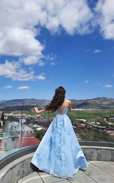 super maks: Göy rəngli zərif gecə/libas - Model: strapless (korsetli) uzun — 2