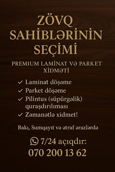 Другие стройуслуги: Laminat və parket döşəmə, həmçinin pilintus (süpürgəlik)