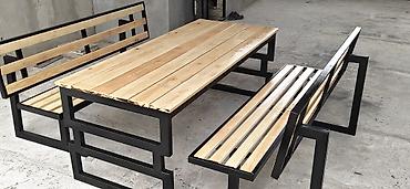 turk tekstil sederek: Metall karkaslı ağac dəst – masa + 2 skamya - Dizayn: Minimalist və — 3