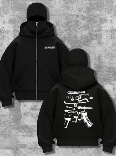 kəsilmiş qol şəkilləri: Qara rəngli kapüşonlu zipli hoodie Ön hissədə sinədə ağ “IN DRACO WE