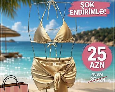 Çimərlik geyimləri: Qızılı rəngdə qadın bikini dəsti - Üst hissə: üçbucaq kəsimli, iplə — 1