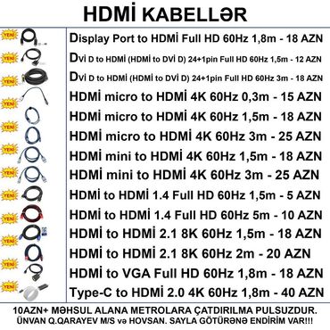 Masaüstü kompüterlər və iş stansiyaları: ⭐Type-C (USB-C) to HDMI 2.0vers 1,8m – 40 AZN ⭐Display to HDMI 1,8m