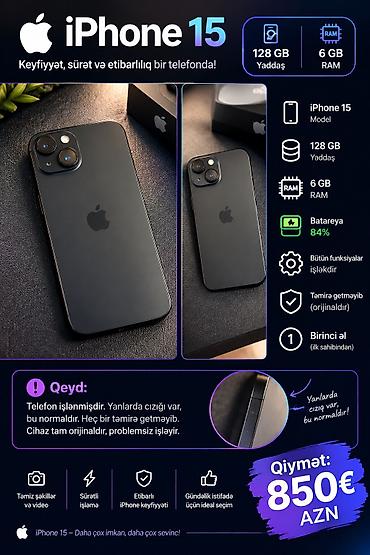 iphone 15 barter: IPhone 15, 128 GB, Black Titanium, Zəmanət, Simsiz şarj, Face ID — 2