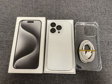 Apple iPhone: IPhone 15 Pro, Б/у, 256 ГБ, White Titanium, Защитное стекло, Чехол, Кабель, 100 %