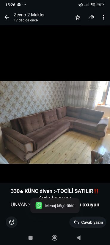 Divan və kreslo dəstləri: Künc divan, İşlənmiş, Açılan, Bazalı, Çatdırılma yoxdur