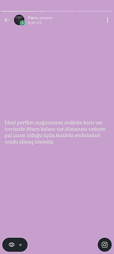 Salam hazırda pula ehtiyac olduğu ucun kartı 60azn satiram .Endirim