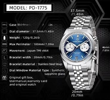 Ručni satovi: PAGANI DESIGN PD-1775 - 37.5mm - Plava - Seiko VH64 Potpuno nov muški — 16