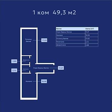 Продаётся 1-комнатная квартира 49,3 м² ЖК: ТУНДУК-1 📍 Адрес: Ошский