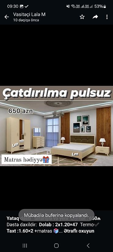 taxt dosəyi: *Yataq dəsti* *Sifarişlə və yeni* Qiymət : *650₼* Dəstə daxildir — 4