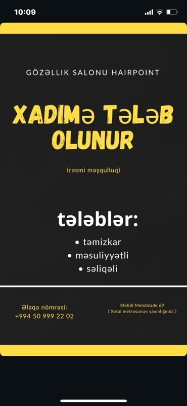 rengsaz is elanlari: Xadimə tələb olunur, 30-45 yaş, 1-2 illik təcrübə, 6/1, Aylıq ödəniş