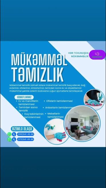 Təmizlik: Təmizlik | Evlər, Həyətlər, Ofislər | Çılçıraqların yuyulması və təmizlənməsi, Ümumi təmizlik, Gündəlik təmizlik